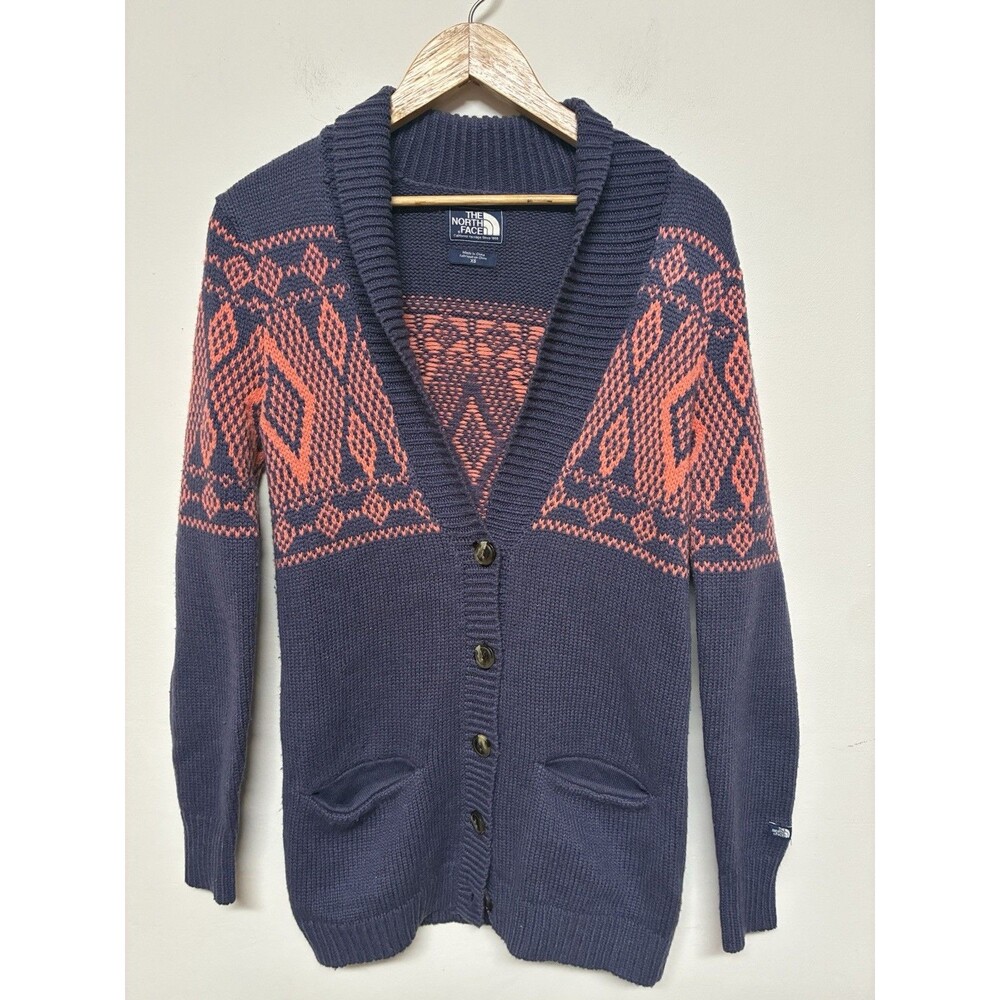 The North Face Jacquardigan Knit Cardigan Sweater Blue Coral Woman XS Grandma